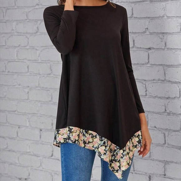 FLORAL HEM ASYMMETRICAL LONG SLEEVE TOP - Picture 2 of 4